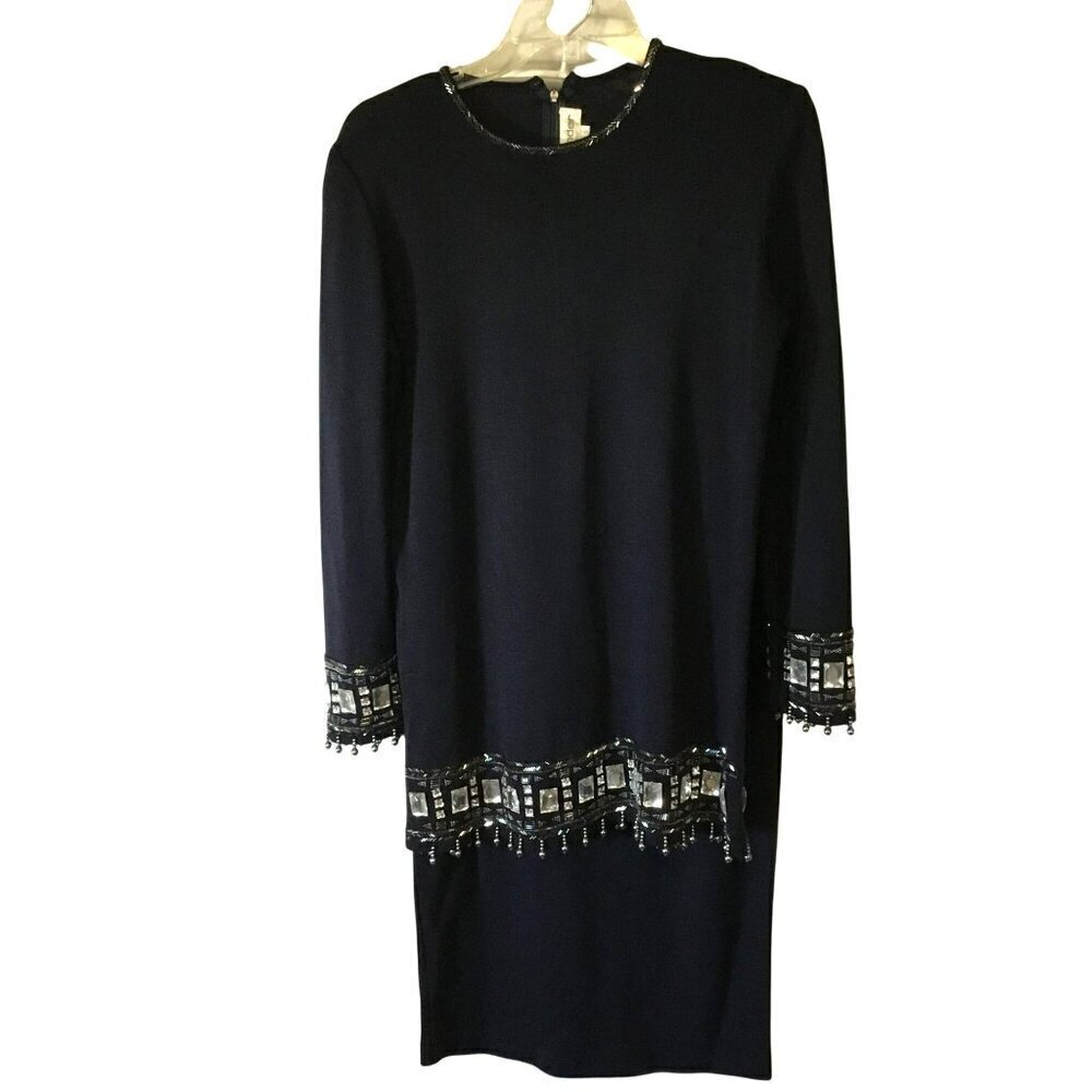 Outlander Wool Blend Sweater Suit Rhinestone Bead Embellished Small Pencil Skirt